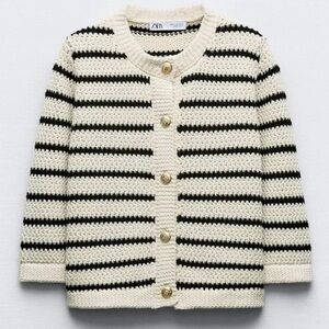 Zara Navy Blue And Cream Medium Cardigan With Gold Buttons